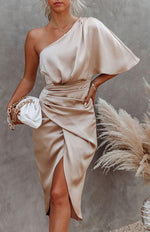 Midi Jurk met Eén Schouder en Drape - Midi Dresses - Jurkjes.co