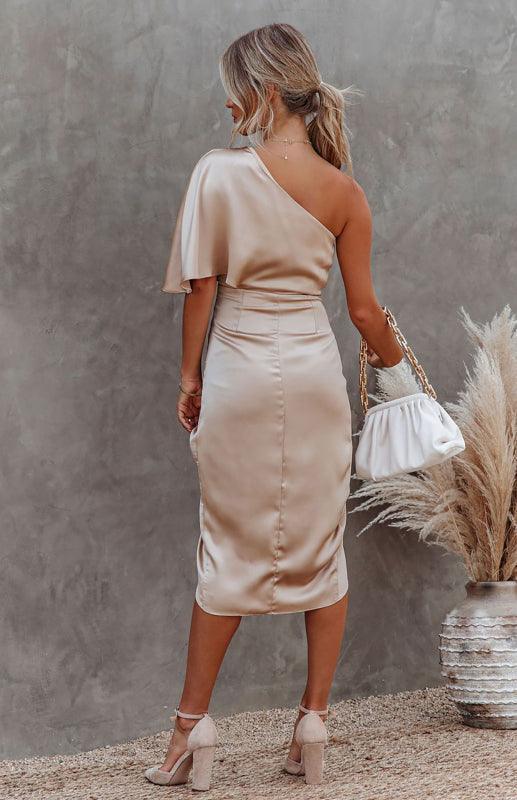 Midi Jurk met Eén Schouder en Drape - Midi Dresses - Jurkjes.co