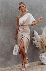 Midi Jurk met Eén Schouder en Drape - Midi Dresses - Jurkjes.co