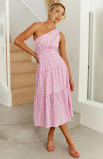 Midi Jurk met Eén Schouder en Ruitpatroon - Midi Dresses - Jurkjes.co