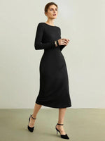 Midi Jurk met Effen Kleur en Lange Mouwen - Midi Dresses - Jurkjes.co