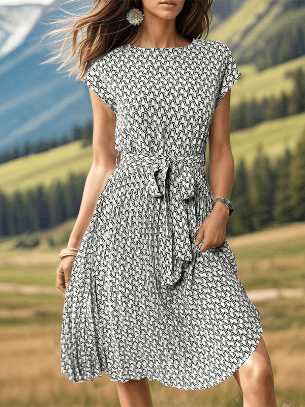 Midi Jurk met Geometrisch Patroon en Strikceintuur - Midi Dresses - Jurkjes.co