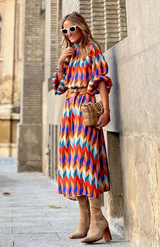 Midi Jurk met Geometrisch Patroon - Midi Dresses - Jurkjes.co