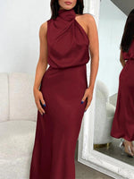 Midi Jurk met Halterhals in Effen Satijn - Maxi Dresses - Jurkjes.co