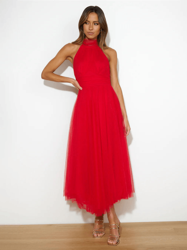 Midi Jurk met Halternek en Mesh Col - Midi Dresses - Jurkjes.co