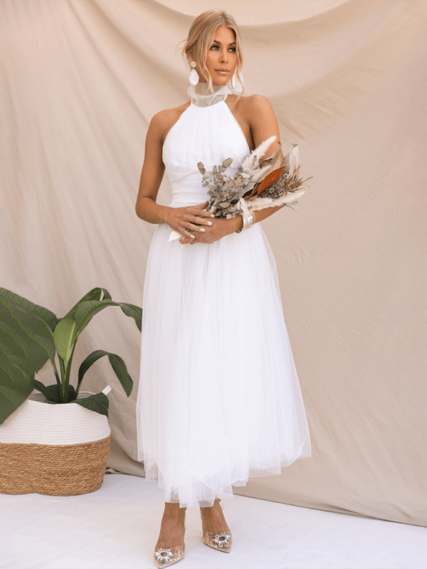 Midi Jurk met Halternek en Mesh Col - Midi Dresses - Jurkjes.co
