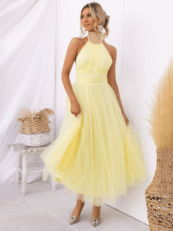 Midi Jurk met Halternek en Mesh Col - Midi Dresses - Jurkjes.co