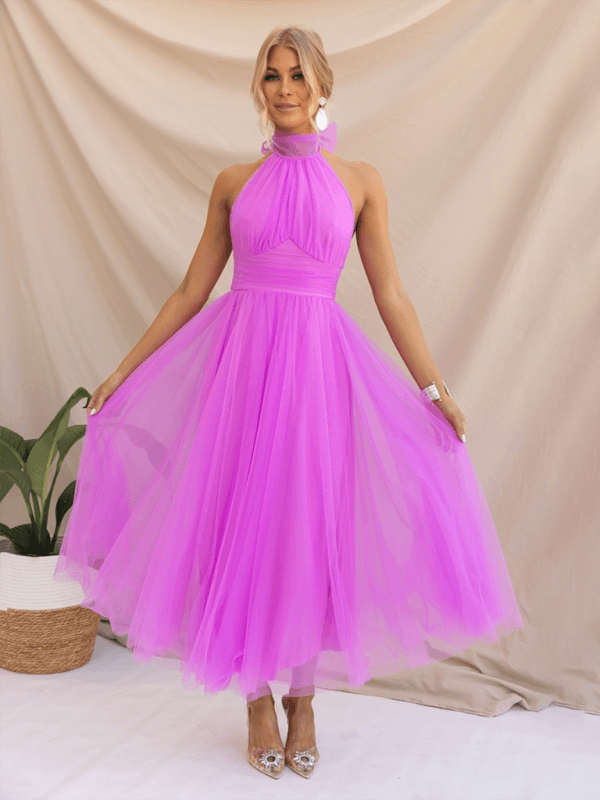 Midi Jurk met Halternek en Mesh Col - Midi Dresses - Jurkjes.co