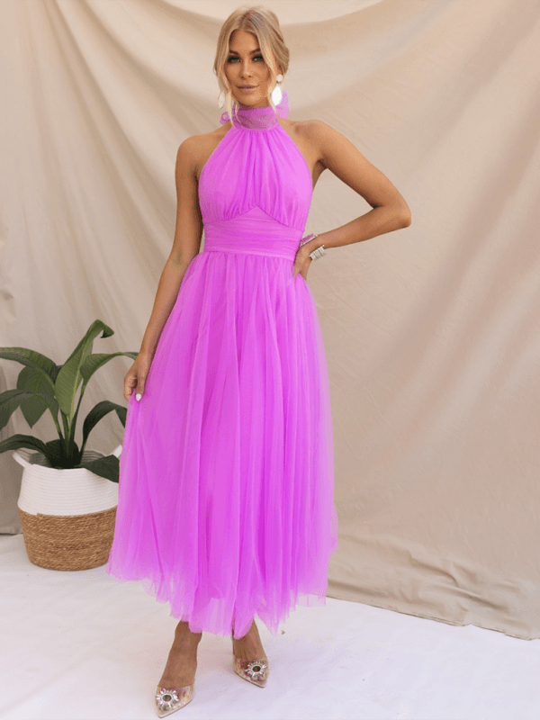 Midi Jurk met Halternek en Mesh Col - Midi Dresses - Jurkjes.co