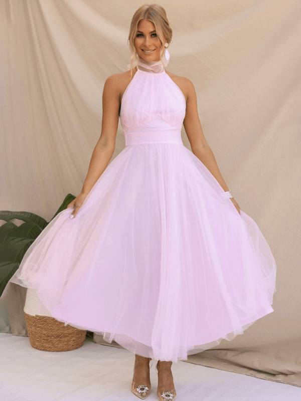Midi Jurk met Halternek en Mesh Col - Midi Dresses - Jurkjes.co