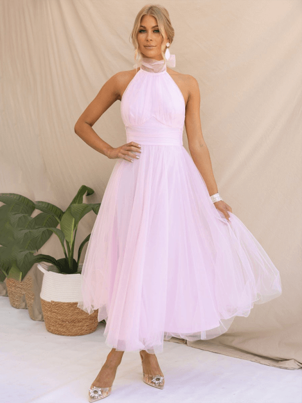 Midi Jurk met Halternek en Mesh Col - Midi Dresses - Jurkjes.co