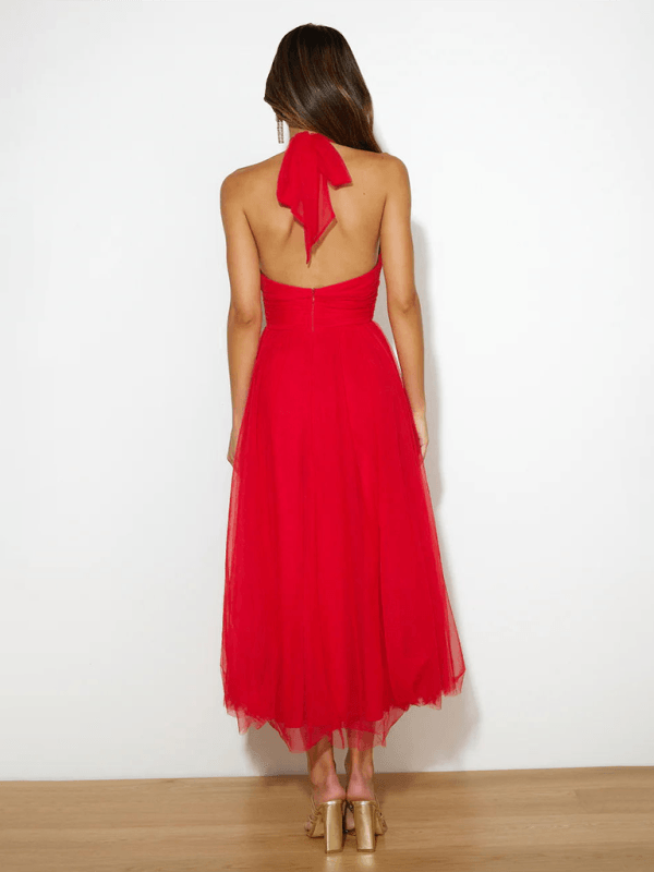 Midi Jurk met Halternek en Mesh Col - Midi Dresses - Jurkjes.co