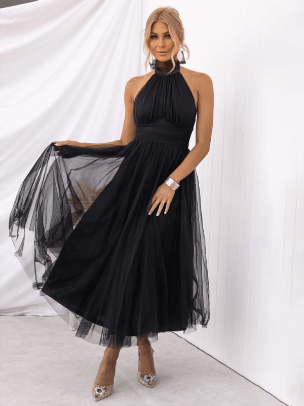 Midi Jurk met Halternek en Mesh Col - Midi Dresses - Jurkjes.co