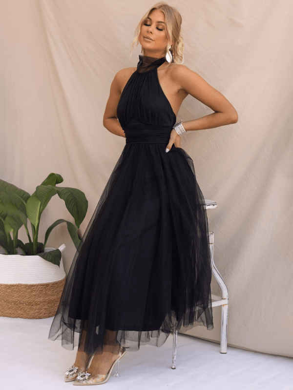 Midi Jurk met Halternek en Mesh Col - Midi Dresses - Jurkjes.co