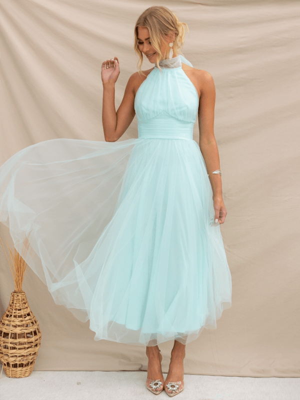 Midi Jurk met Halternek en Mesh Col - Midi Dresses - Jurkjes.co