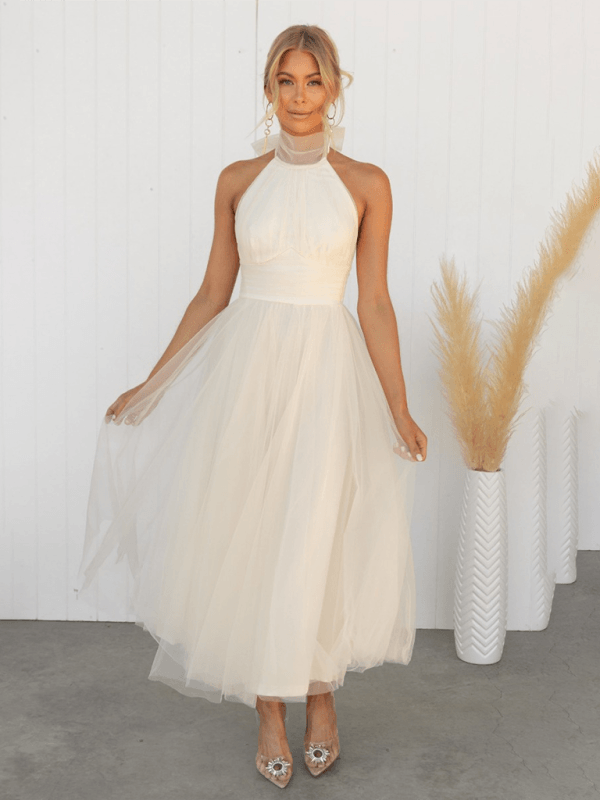 Midi Jurk met Halternek en Mesh Col - Midi Dresses - Jurkjes.co