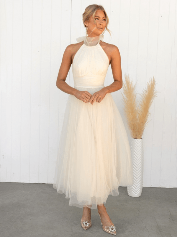 Midi Jurk met Halternek en Mesh Col - Midi Dresses - Jurkjes.co