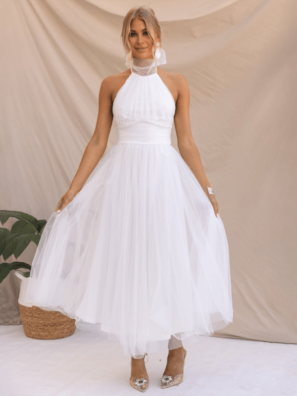 Midi Jurk met Halternek en Mesh Col - Midi Dresses - Jurkjes.co