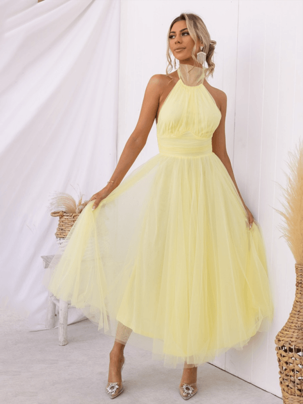 Midi Jurk met Halternek en Mesh Col - Midi Dresses - Jurkjes.co