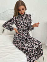 Midi Jurk met Hoge Hals en Bloemenprint - Midi Dresses - Jurkjes.co