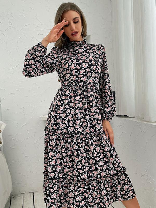 Midi Jurk met Hoge Hals en Bloemenprint - Midi Dresses - Jurkjes.co