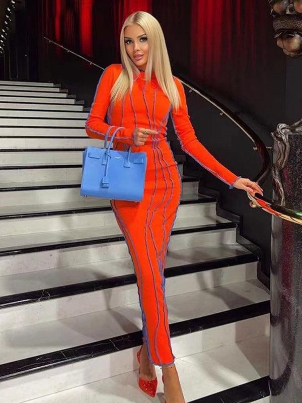 Midi Jurk met Hoge Hals en Golvende Strepen - Mini Dresses - Jurkjes.co