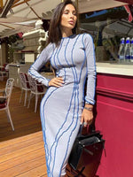 Midi Jurk met Hoge Hals en Golvende Strepen - Mini Dresses - Jurkjes.co