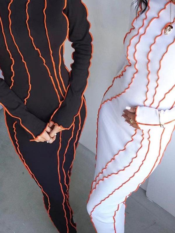 Midi Jurk met Hoge Hals en Golvende Strepen - Mini Dresses - Jurkjes.co