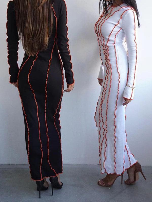 Midi Jurk met Hoge Hals en Golvende Strepen - Mini Dresses - Jurkjes.co