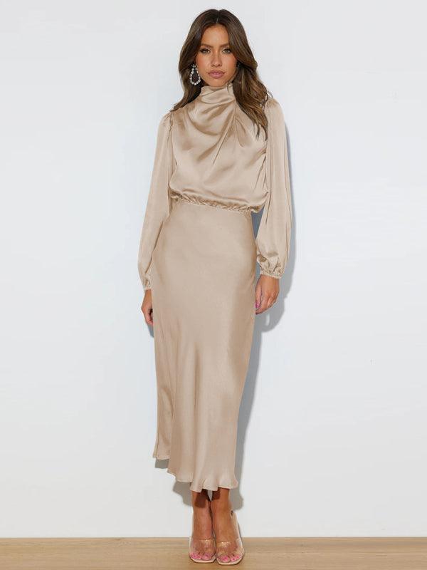 Midi Jurk met Hoge Hals en Satijnen Stof - Maxi Dresses - Jurkjes.co