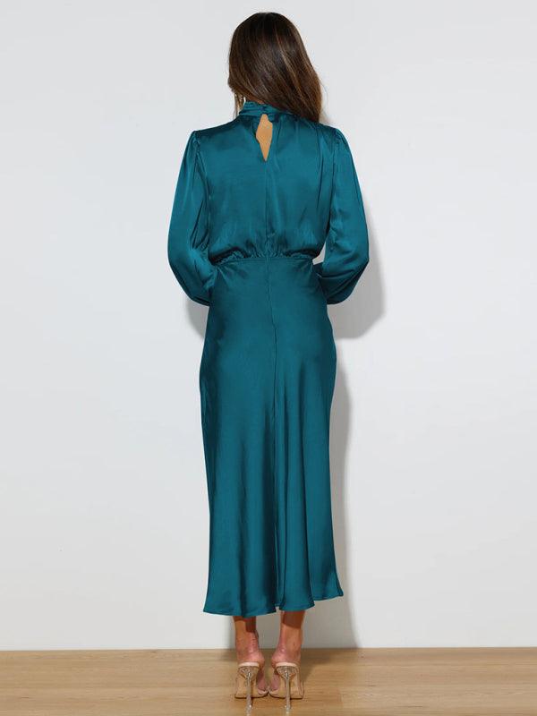 Midi Jurk met Hoge Hals en Satijnen Stof - Maxi Dresses - Jurkjes.co