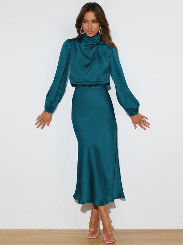 Midi Jurk met Hoge Hals en Satijnen Stof - Maxi Dresses - Jurkjes.co