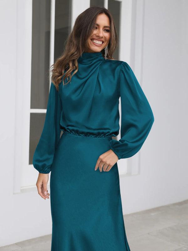 Midi Jurk met Hoge Hals en Satijnen Stof - Maxi Dresses - Jurkjes.co