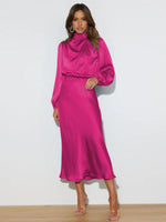 Midi Jurk met Hoge Hals en Satijnen Stof - Maxi Dresses - Jurkjes.co