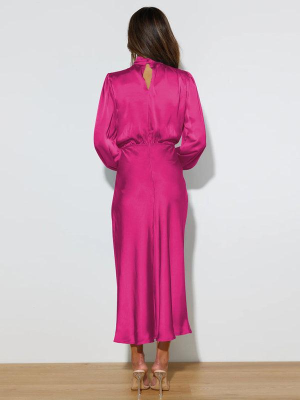 Midi Jurk met Hoge Hals en Satijnen Stof - Maxi Dresses - Jurkjes.co