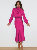 Midi Jurk met Hoge Hals en Satijnen Stof - Maxi Dresses - Jurkjes.co