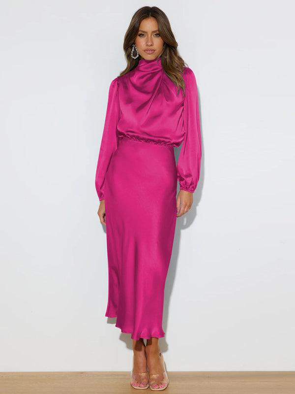 Midi Jurk met Hoge Hals en Satijnen Stof - Maxi Dresses - Jurkjes.co