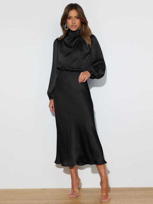 Midi Jurk met Hoge Hals en Satijnen Stof - Maxi Dresses - Jurkjes.co