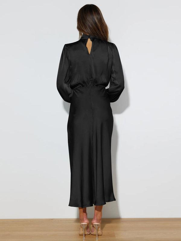 Midi Jurk met Hoge Hals en Satijnen Stof - Maxi Dresses - Jurkjes.co