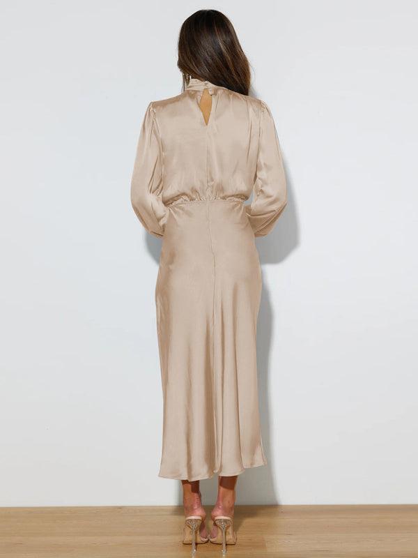 Midi Jurk met Hoge Hals en Satijnen Stof - Maxi Dresses - Jurkjes.co