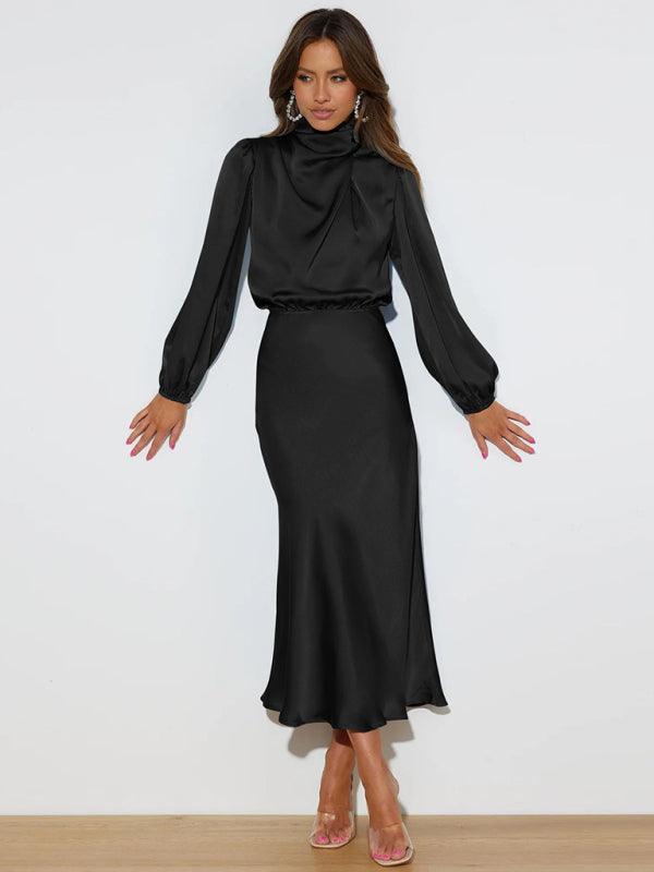 Midi Jurk met Hoge Hals en Satijnen Stof - Maxi Dresses - Jurkjes.co