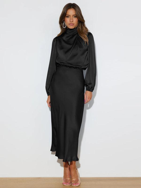 Midi Jurk met Hoge Hals en Satijnen Stof - Maxi Dresses - Jurkjes.co