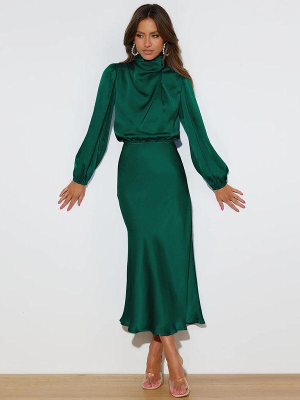 Midi Jurk met Hoge Hals en Satijnen Stof - Maxi Dresses - Jurkjes.co