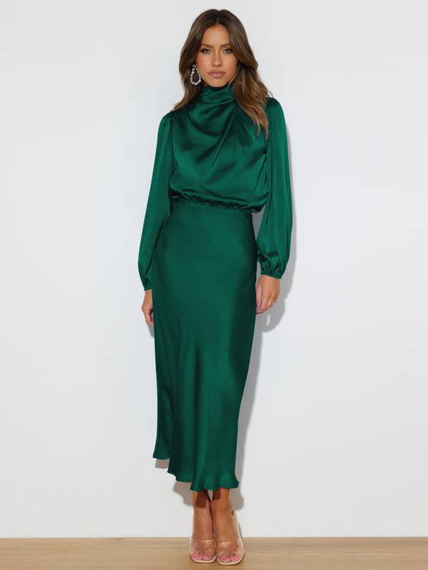 Midi Jurk met Hoge Hals en Satijnen Stof - Maxi Dresses - Jurkjes.co
