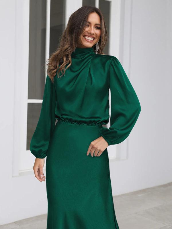 Midi Jurk met Hoge Hals en Satijnen Stof - Maxi Dresses - Jurkjes.co