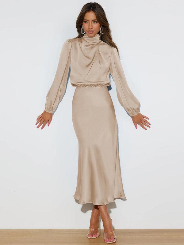 Midi Jurk met Hoge Hals en Satijnen Stof - Maxi Dresses - Jurkjes.co
