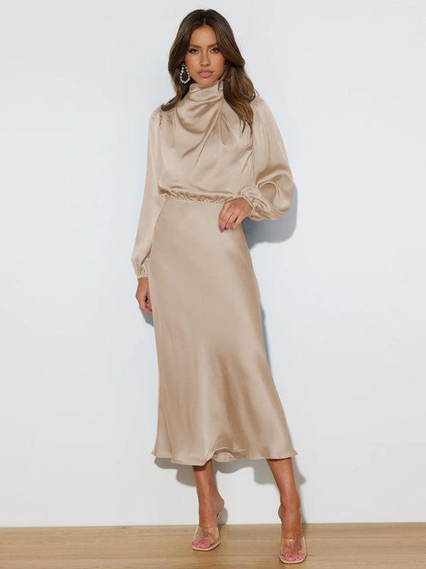Midi Jurk met Hoge Hals en Satijnen Stof - Maxi Dresses - Jurkjes.co