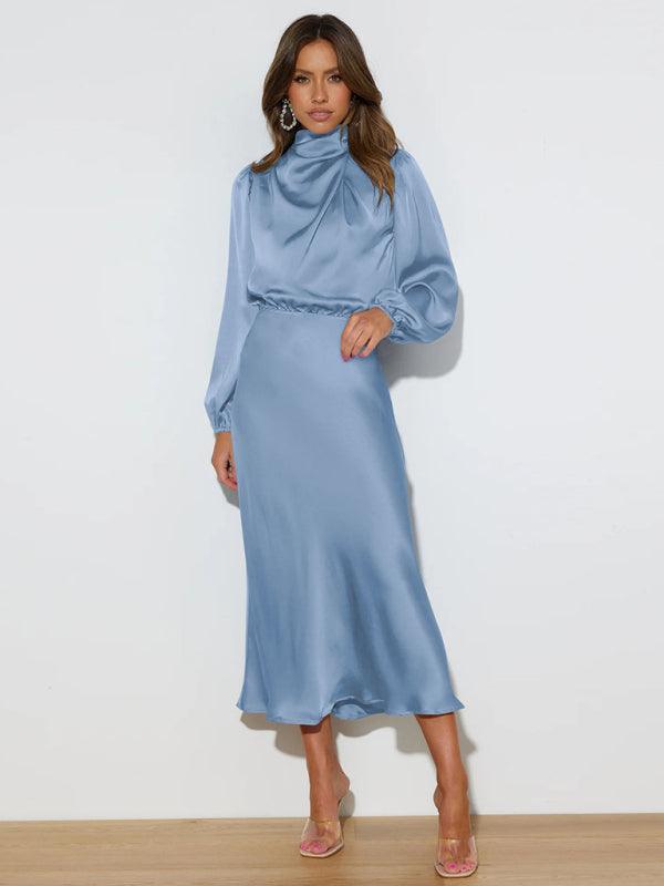 Midi Jurk met Hoge Hals en Satijnen Stof - Maxi Dresses - Jurkjes.co