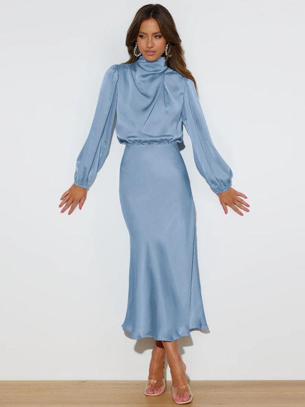 Midi Jurk met Hoge Hals en Satijnen Stof - Maxi Dresses - Jurkjes.co
