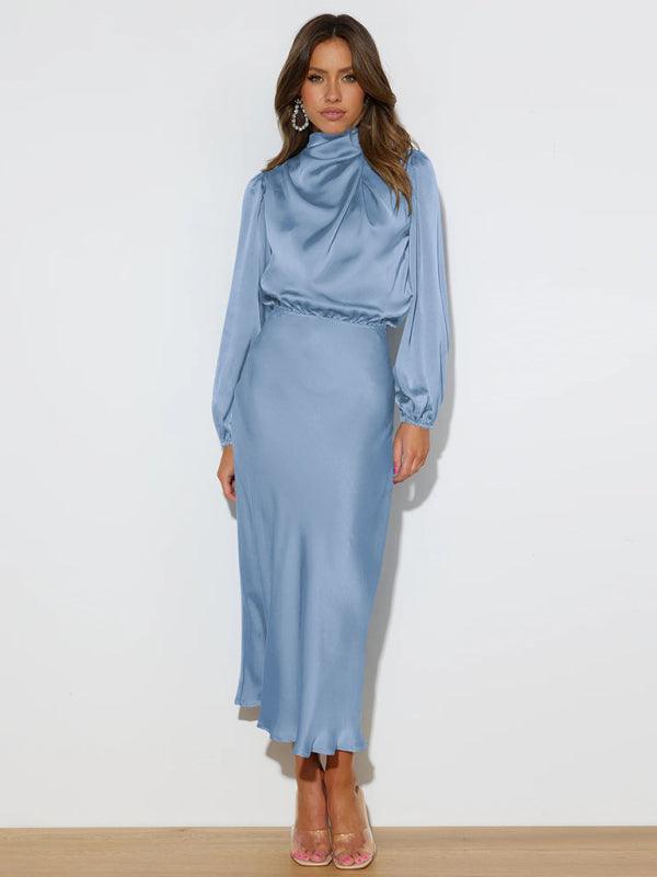 Midi Jurk met Hoge Hals en Satijnen Stof - Maxi Dresses - Jurkjes.co